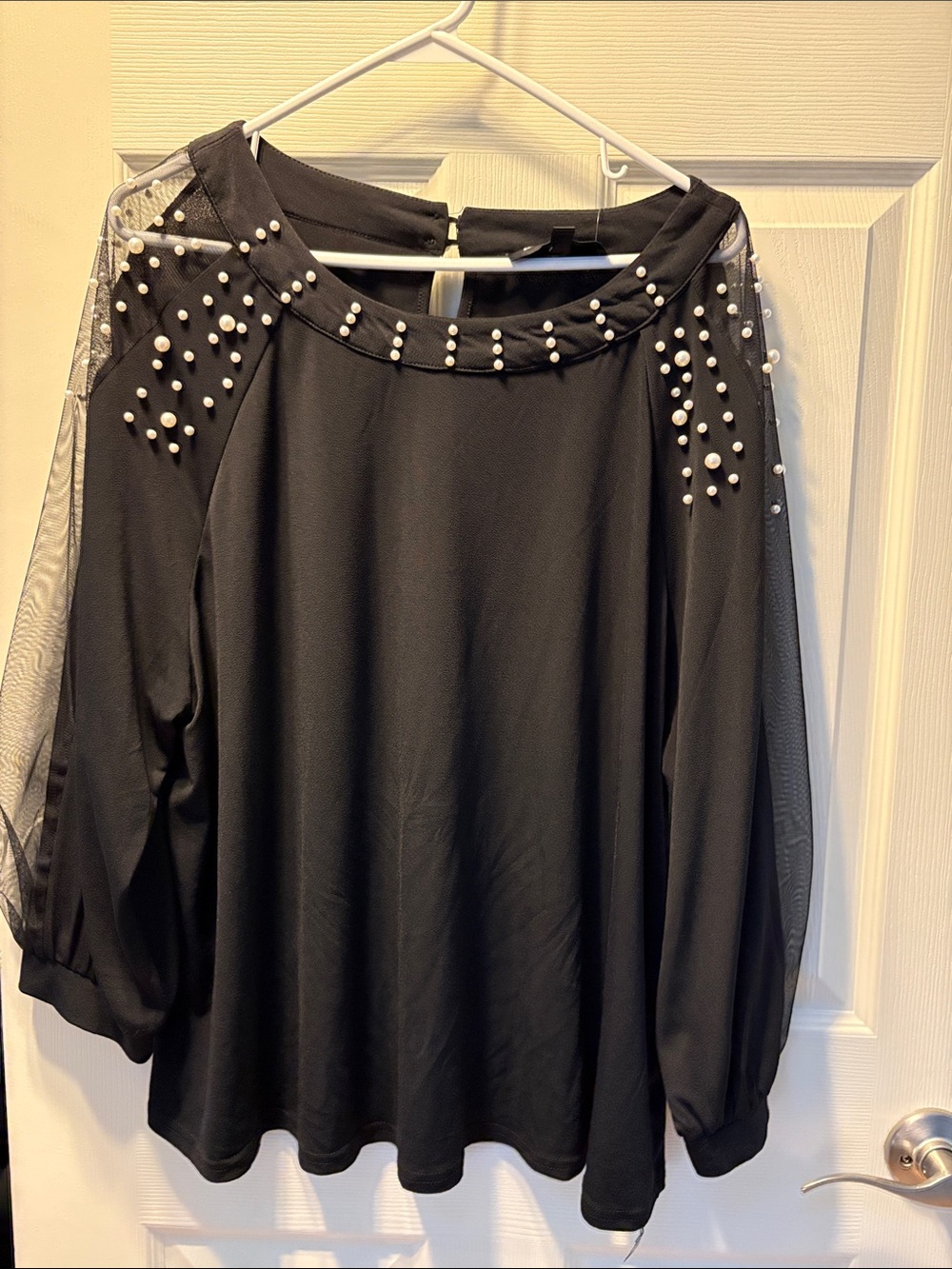 Alice Blue Black Pearl-Embellished Mesh Sleeve Blouse